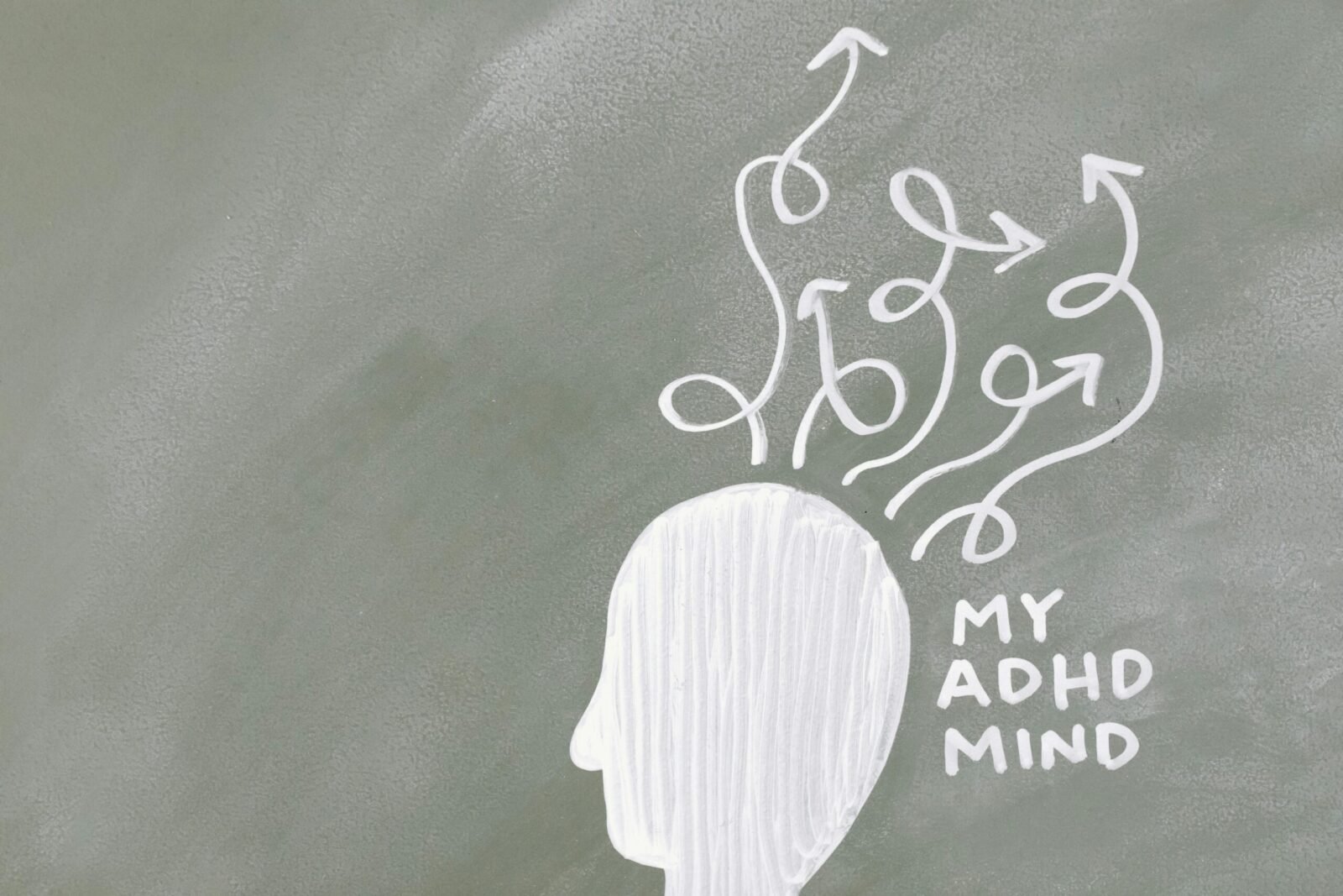 Creative depiction of the ADHD mind with chalk arrows on a green board.